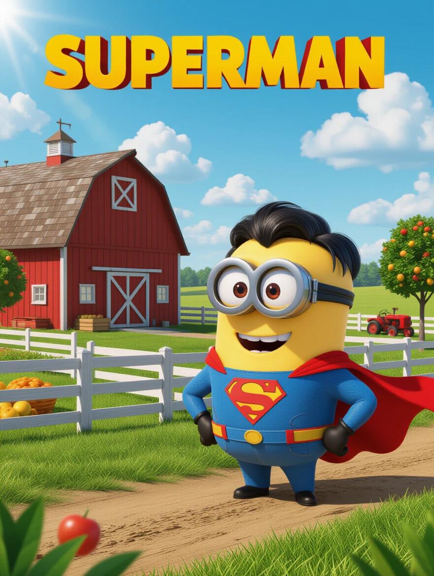 A Minion dressed as Superman stands confidently on a path at a farm. The Minion is cheerful with rounded features, wearing a blue jumpsuit and red cape. In the background, a classic red barn, white fences, green lawn, fruit trees, and a blue sky with clouds create a vibrant rural setting. The lighting is soft creating a warm atmosphere.