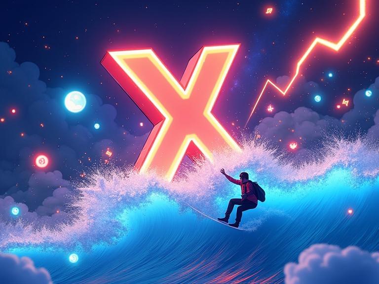 Dynamic digital illustration featuring waves of trending topics and real-time events. Includes floating hashtags, breaking news alerts, viral tweets, and lightning bolts. A person rides a wave of social media posts. Bold colors and tech-inspired aesthetics convey speed and momentum.