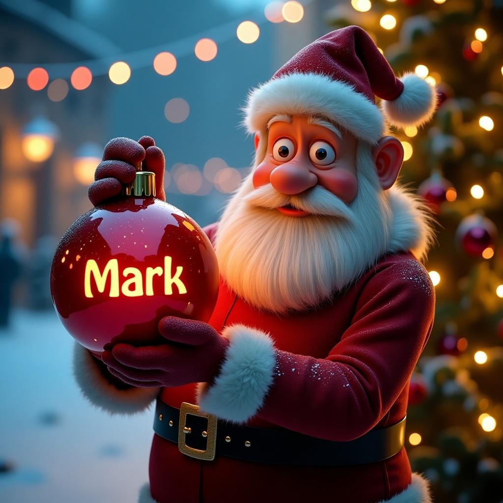 A Christmas scene featuring a character holding a Christmas bauble. The bauble is personalized with the name Mark. There is a snowy background filled with Christmas lights.