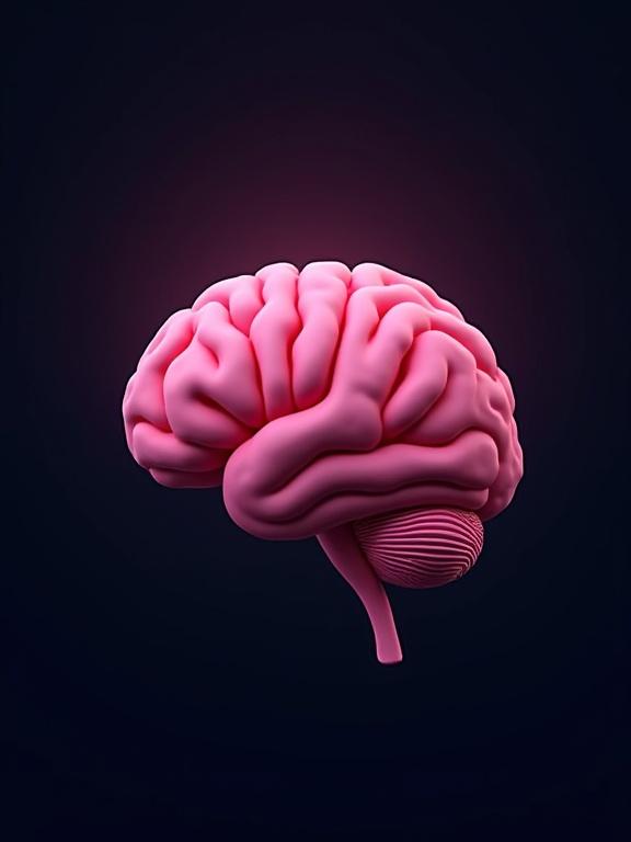 Image of a pink human brain on a dark background. Minimalist style with swirling oval shapes around the brain.