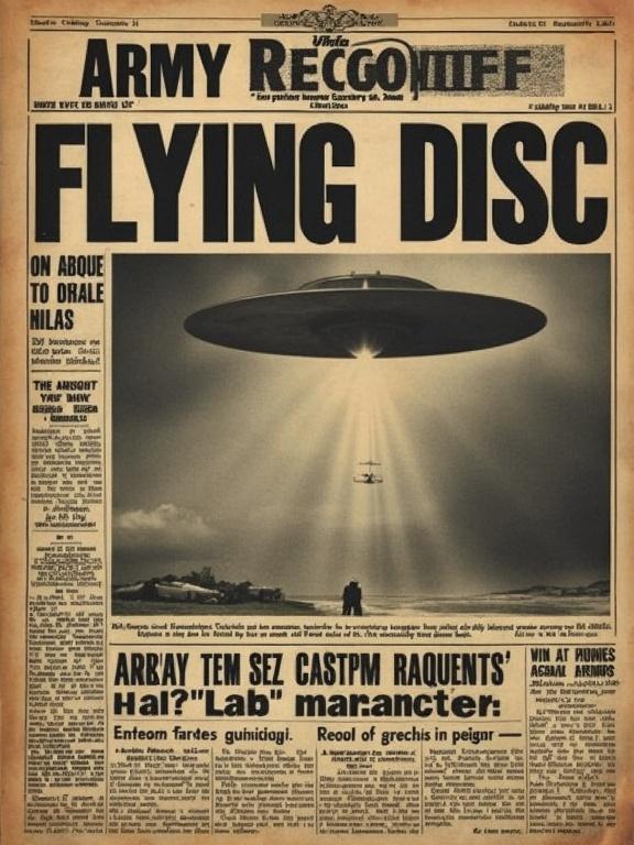 Stylized vintage newspaper page features headline regarding flying disc recovery. The design mimics newsprint from 1947 with dramatic highlights accenting the text.