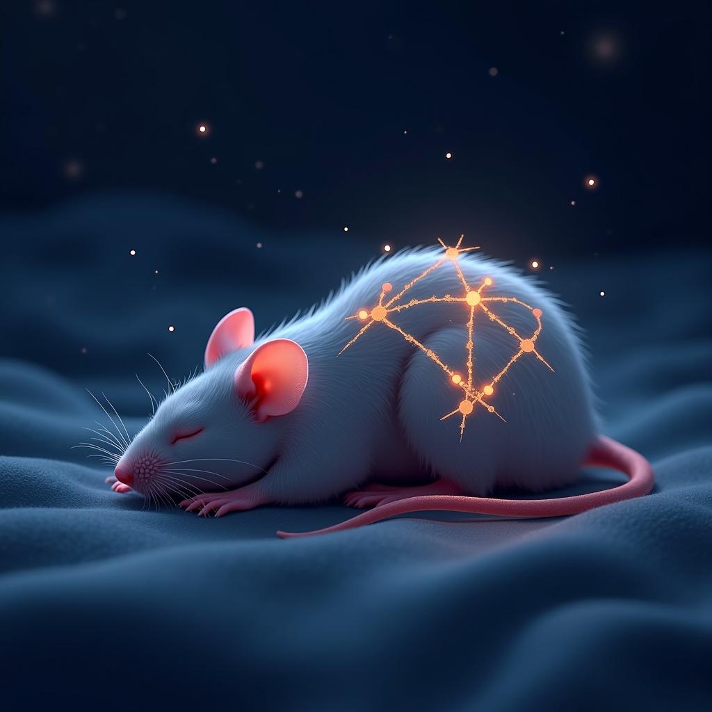 Digital painting of a mouse sleeping on a soft surface. Background has glowing waves. Mouse covered by a brain overlay. Glowing lines outline brain regions. Molecular depictions included. Waveforms show EEG patterns. Dream-like elements blend softly.