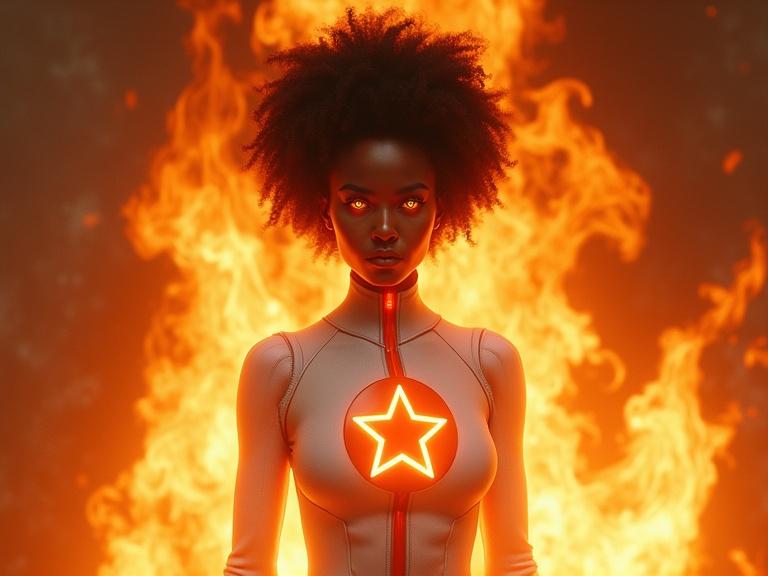 Cinematic depiction of a mixed race slim female superhero with curly afro hair. Wears a sleek white bodysuit. Features a long red four-point star on her chest. Surrounded by bright glowing orange solar flare powers. Orange flare energy flows around her. She has glowing orange eyes. Set against a dramatic flame background. Focus on realism and textures.