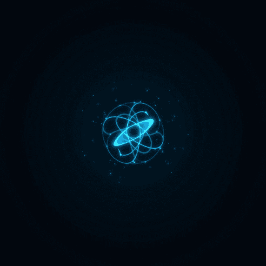 The image features a glowing representation of an atomic structure against a dark background. The central part resembles an atomic nucleus, surrounded by orbiting paths that represent electrons. The glowing elements are light blue, giving the structure a futuristic, digital appearance. The background is a deep black, allowing the luminous blue lines to stand out prominently. There are small dots scattered around the nucleus, suggesting particles or stars, adding to the scientific and cosmic theme.