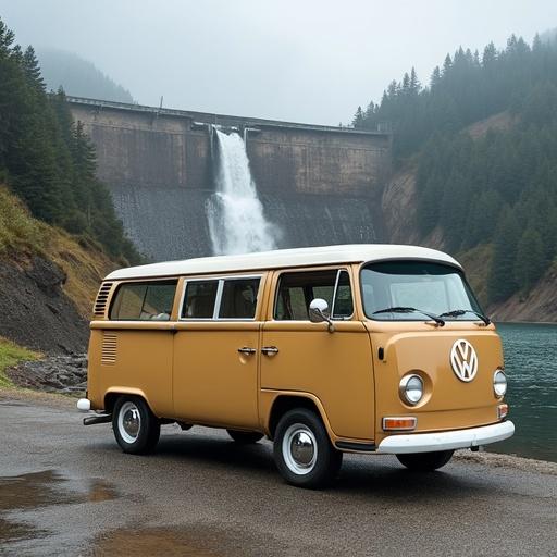 A tan colored Volkswagen van stationed on a hydro electric dam amidst scenic nature. A dam is visible in the background. The van is parked by the road.