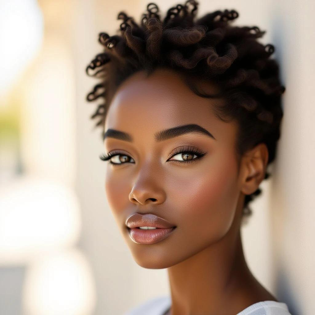 Ultra-realistic portrait of a stunning Black woman. Deep warm brown glowing skin with natural pores. Soft rounded chin and smooth jawline. Hyper-natural skin texture with subtle freckles. Bright expressive dark brown eyes with lively catchlights. Full shapely lips and bold eyebrows. Intricate detailed afro-textured hair in full view. Soft daylight and gentle rim lighting. Cinematic photorealism. Shallow depth of field. Authentic candid expression. Every strand of hair and facial feature in intricate detail.