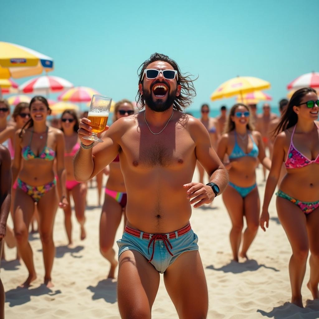 Scene at a beach with people dancing and drinking. Energy and fun atmosphere filled with individuals in swimwear. Focus on enjoyment and beach culture.