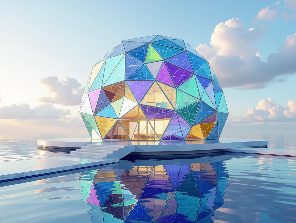 3D futuristic villa with dodecahedron base. Designed with iridescent ceramic tile and glass mosaic. Features meticulous details and geometric patterns. Style influenced by Feng Zhu and Hajime Sorayama.