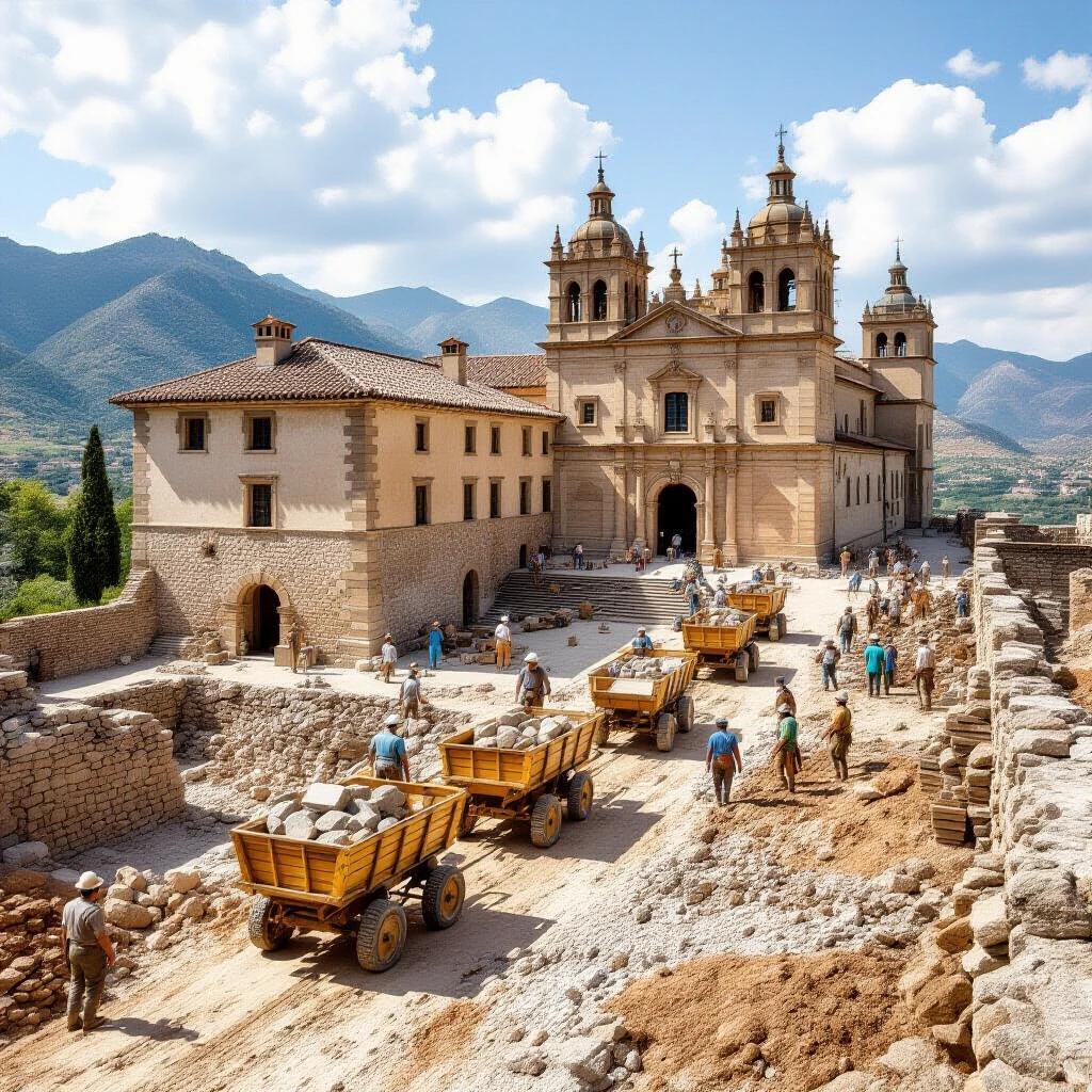 The construction of El Escorial monastery in 1563 with carts carrying stones artisans and workers involved in building