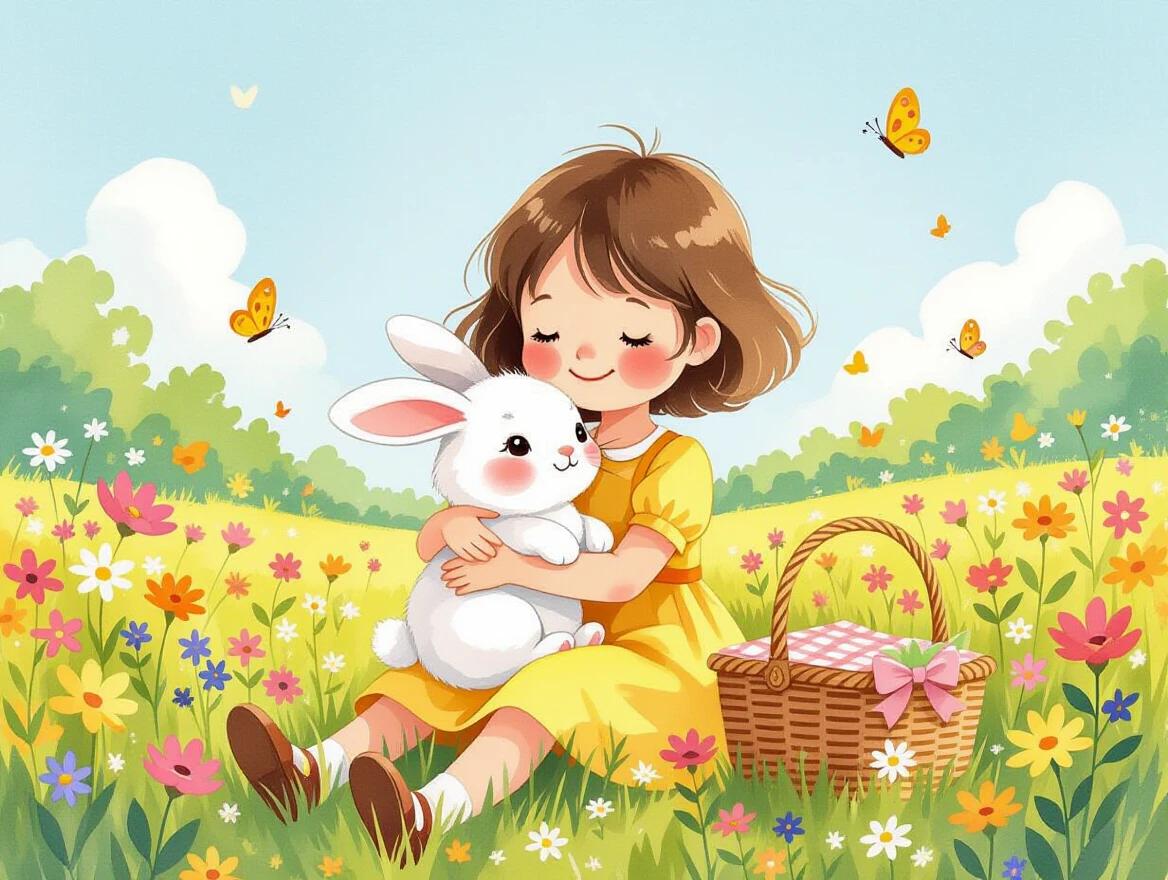A little girl in a yellow dress holds a fluffy white bunny in a flower-filled meadow. She has short brown hair and rosy cheeks. The bunny leans into her while both are smiling. Surrounded by wildflowers and butterflies, a toy picnic basket is nearby. They enjoy a sunny day under a blue sky with a soft light and warm pastel tones.
