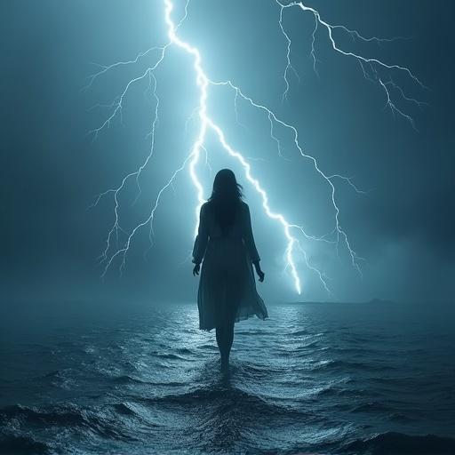 Woman walks on water during strong storm with lightning and thunder in front view.
