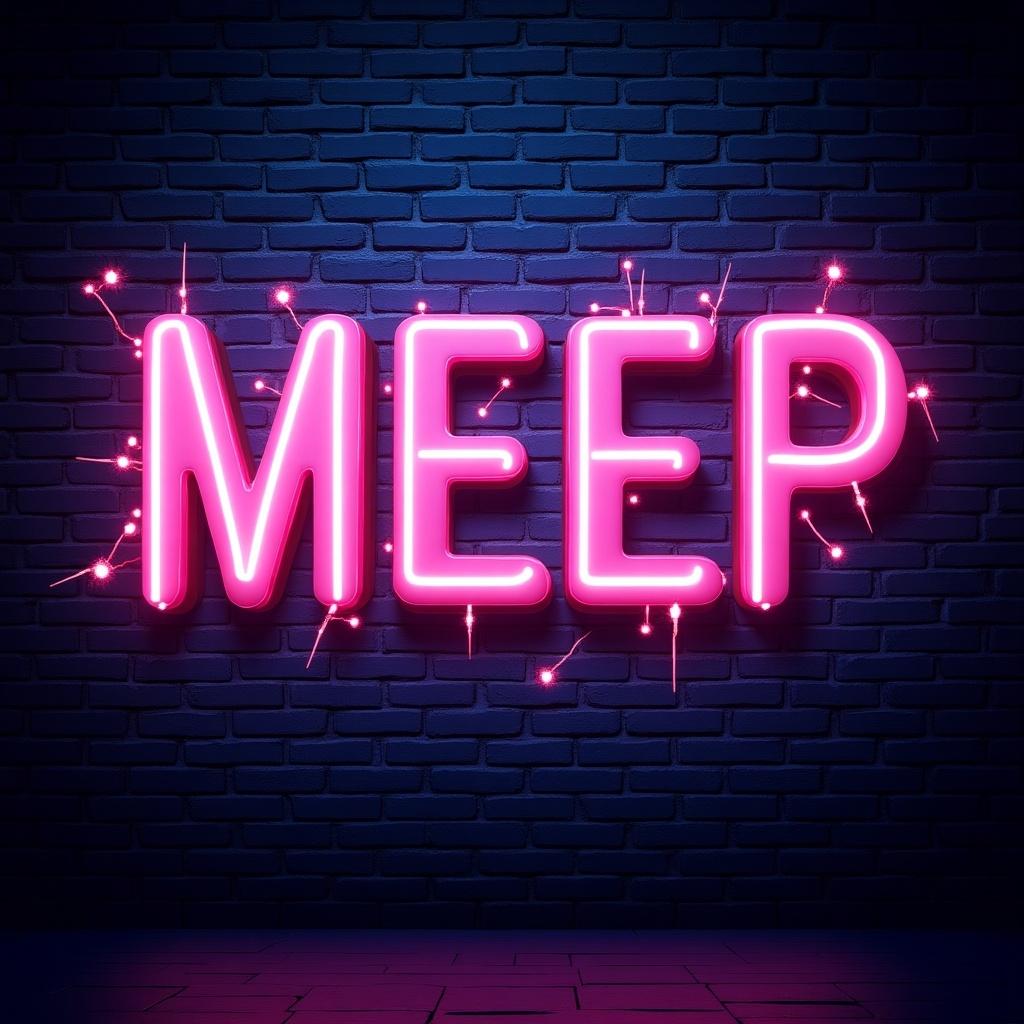 Bold glowing neon letters MEEP against dark brick wall. Vivid colors primarily pink and blue contrast with background. Neon effect enhanced by animated electric sparks surrounding letters. Vibrant energetic feel.