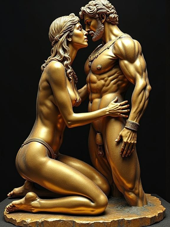 A 3D statue featuring a woman in a tiny bikini on her knees and a standing muscular man resembling Hercules. The sculpture is painted in bronze with gold accents against a dark background.