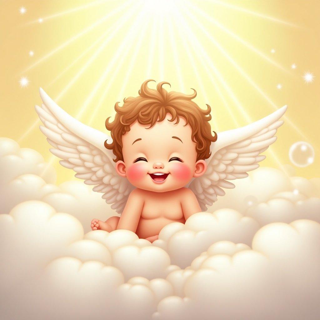 Digital illustration shows a baby with angel wings in fluffy clouds. The baby has curly hair and a joyful expression. Sunlight beams down creating a warm atmosphere. Soft pastel colors enhance the ethereal scene.