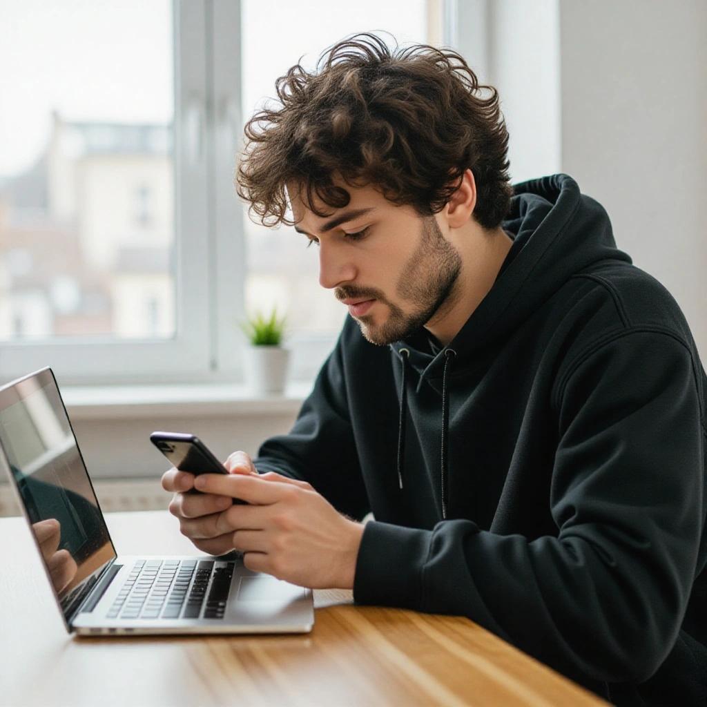 Young man sitting at a table focused on his smartphone while a laptop is in front of him. He has curly hair and wears a black hoodie. Natural light shines from a nearby window.