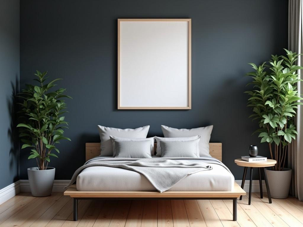 The image shows a serene bedroom environment with a modern design. It features a dark navy wall with a large blank framed canvas that invites artwork or personal touches. In one corner, there's a lush green potted plant adding a touch of nature. A stylish wooden bed is adorned with soft gray and white pillows, creating a cozy atmosphere. Next to the bed, a unique wooden side table, supported by metal legs, holds a decorative black object and a closed book. The floor is made of light wooden planks, enhancing the warm feel of the space.