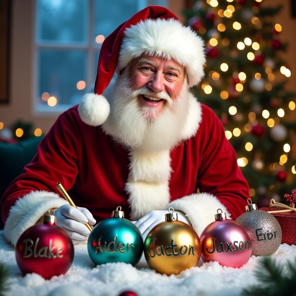 This image features Santa Claus joyfully engaged in a festive activity. He is writing names on vibrant Christmas baubles, surrounded by a snowy atmosphere. The background includes decorated greenery, enhancing the seasonal spirit. Santa is dressed in his classic red outfit and exudes a cheerful demeanor. The scene captures the essence of holiday warmth and personalization, perfect for festive celebrations.