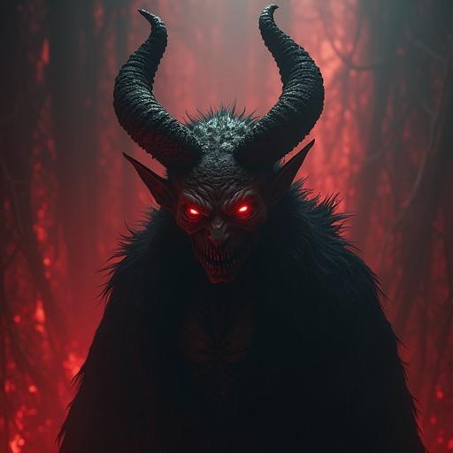 A demon in hell appears grotesque and intimidating. The demon features sharp horns and glowing red eyes. The setting has a hellish vibe with dark tones and an eerie, ominous atmosphere.