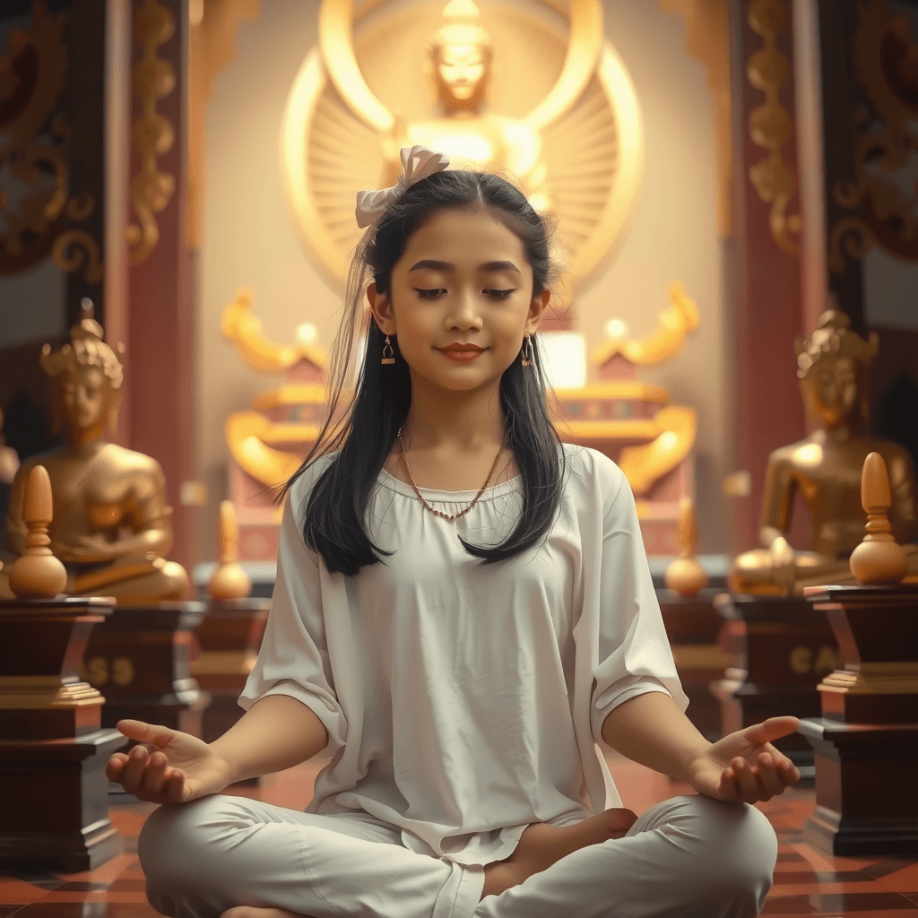 A young girl peacefully meditates in a tranquil temple setting surrounded by serene statues.