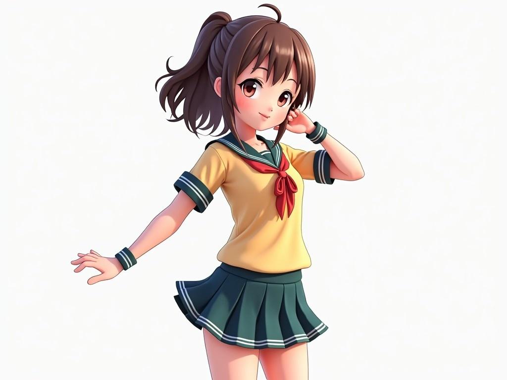 Create a full-body 3D cute anime girl character in Blender. She should embody a vibrant and expressive anime style. Focus on a detailed outfit, particularly a school uniform featuring a short skirt. The character should be posed dynamically to convey liveliness. Ensure high-quality textures that reflect a polished and stylish appearance, making sure the look is appealing and relatable.