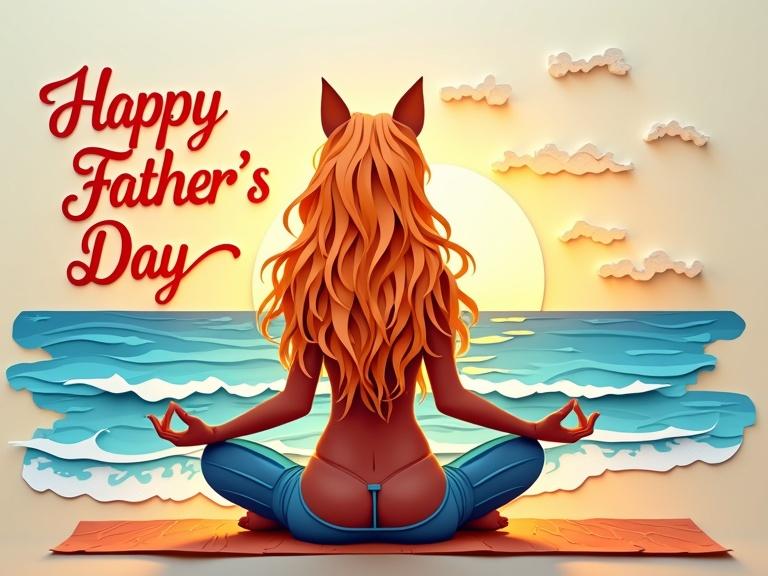 Digital artwork showing a woman in a yoga pose by the beach. The artwork features intricate paper cut designs with a sunset in the background. The text 'Happy Father's Day' is elegantly stylized across the image.
