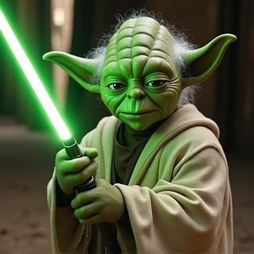 Yoda character in a robe holding a green lightsaber with a wise expression in a training environment