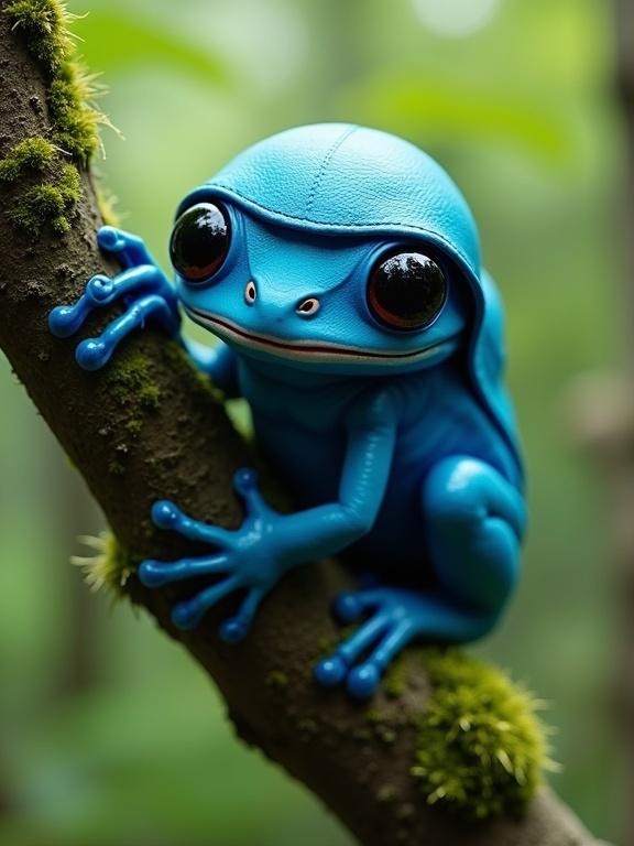 Vibrant blue fantasy creature resembling a beetle and frog perched on a mossy tree branch in a lush green forest