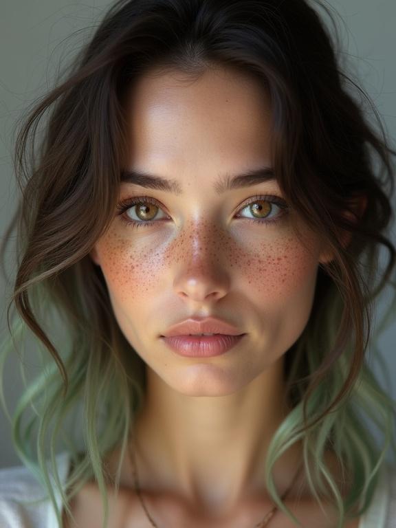 Photorealistic portrait of a striking young woman with an oval face. She has a serene, introspective expression and direct gaze into the camera. Dense freckles across her nose and cheeks. Large almond-shaped hazel eyes with a dark limbal ring. Thick feathered dark brown eyebrows. Softly parted full lips and sculpted cupid’s bow. Luminous fair skin with soft texture. Shoulder-length dark brown hair with ashy-green dip-dye styled in tousled waves with an off-center part.