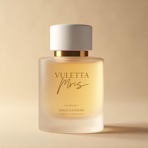 Minimalist photo-realistic image of VULETTA MIRIS perfume bottle. Frosted gradient glass bottle with matte white cap and gold band. Engraved VULETTA in bold at top, MIRIS in large flowing script, AND BELOW IT in smaller font POUR HOMME, then PARFUM in gold foil. Subtle embossed illustrations. Pale golden amber liquid glows softly. Clean and modern style, textured beige background with diffused lighting.