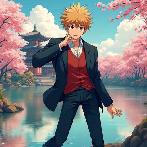Anime character in a Japanese traditional aesthetic. Character stands confidently in a school uniform. Cherry blossoms surround a serene pond with a temple in the background. Artistic, detailed style with brush strokes resembling a painting.