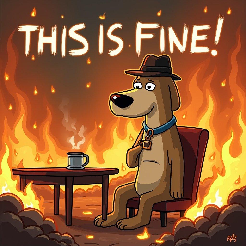 Cartoon of a dog sitting calmly in flames. The dog wears a hat and a collar. A coffee cup is on the table. The background is filled with fire. The phrase 'THIS IS FINE!' is prominent above the dog.