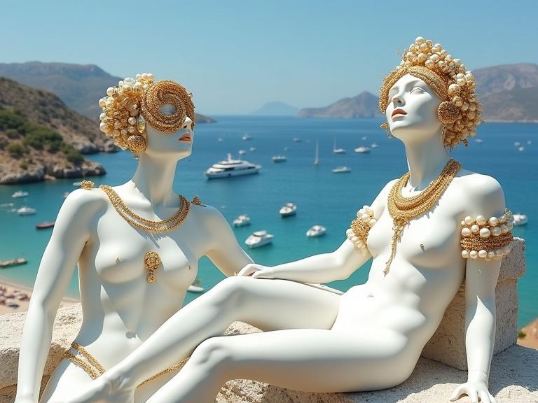 A surreal and opulent composition featuring two humanoid figures resembling classical sculptures. Figures are white, adorned with gold and pearl-like embellishments. Background shows a coastal Mediterranean landscape with boats and mountains. Natural sunlight bathes the scene in brightness.