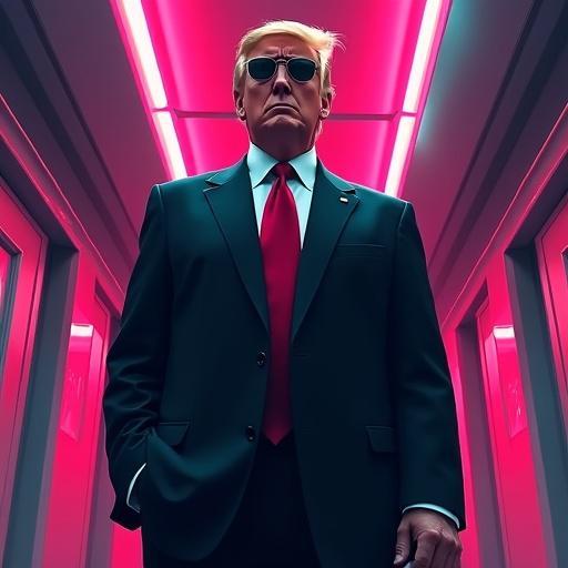 A figure dressed in a sleek black suit stands confidently in a dimly lit corridor, wearing sunglasses. The background features a neon-lit cityscape, creating a sci-fi vibe. The colors are loud and bold, reflecting themes of dramatic power and control, with a cartoonish art style and exaggerated expression.