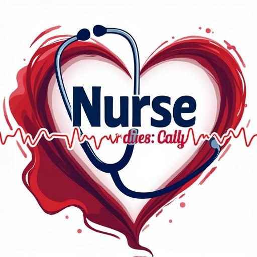 Dynamic t-shirt design for nurses with stethoscope and superhero cape. Heart-shaped heartbeat line and bold navy blue text. Clean vector art style with comic-book shading. High-resolution image.