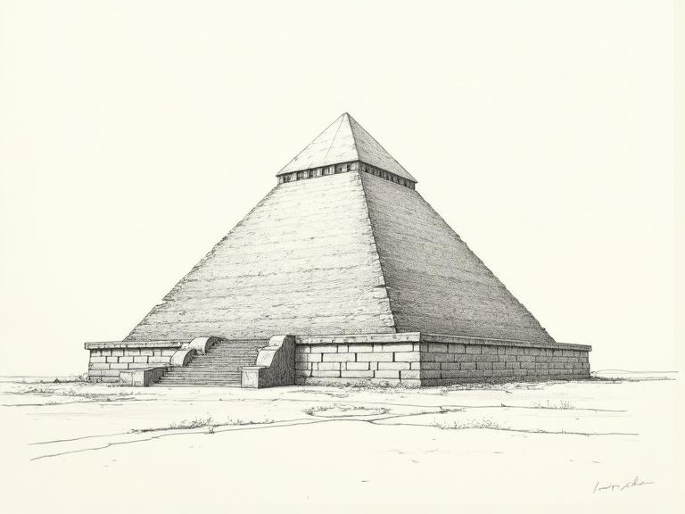 Architectural drawing shows an ancient Egyptian pyramid. Includes elevation and section view. Clear outlines and detailed structure. The pyramid stands prominently against a plain background.