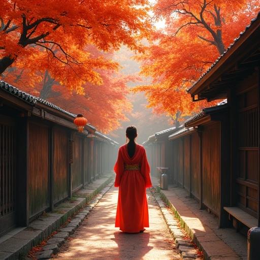 Lady in a red robe on narrow path between traditional houses. Bright orange foliage fills scene. Lanterns hang above, glowing softly.
