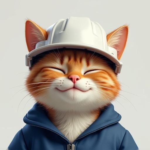 Semi-realistic cat with relaxed expression; eyes closed; soft smile; head tilted slightly. Cat wearing white hard hat; blue work jacket.