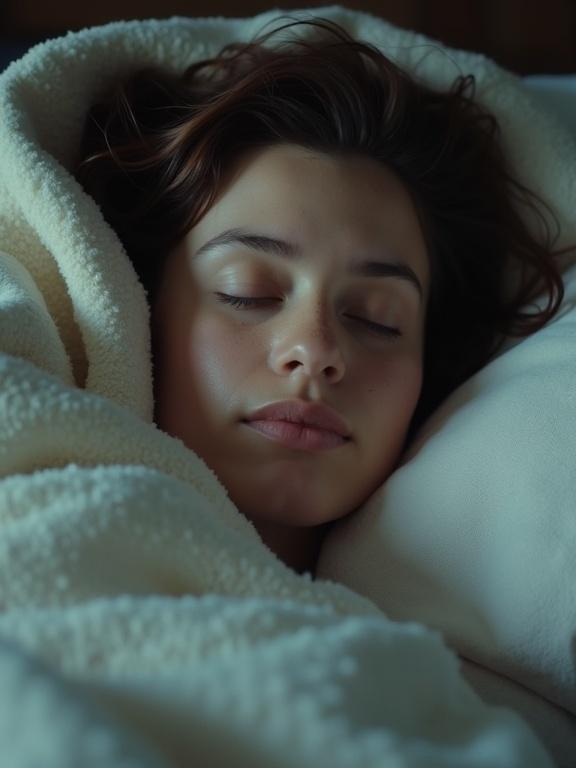 A person sleeping peacefully under a soft blanket. The scene conveys tranquility and relaxation. Cinematic 35mm film style with realistic details and soft light. Close-up view showcasing comfort in sleep.