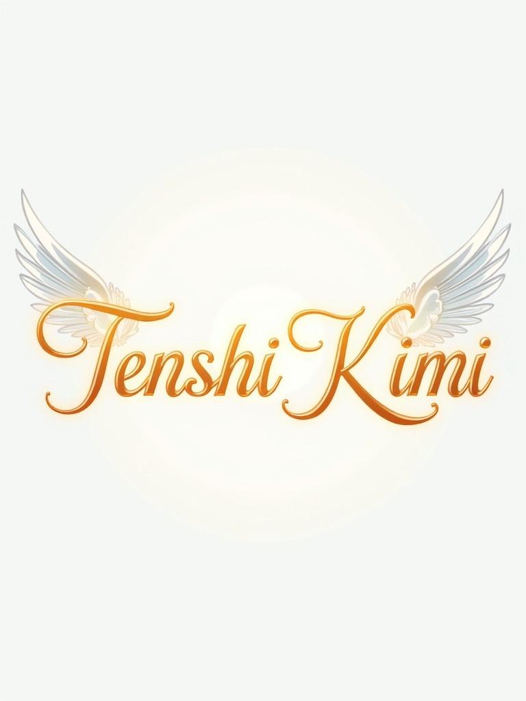 Design text 'Tenshi no Kimi' in elegant anime-style typography. Font should be graceful with soft flowing lines. Incorporate subtle glowing accents. Use pastel hues like gold white light blue. Add wings or feather-like flourishes around letters. Transparent background for easy use.