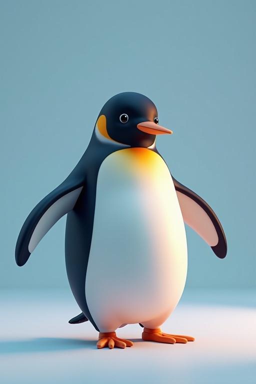 3D animation style cartoon penguin with soft features and playful stance.