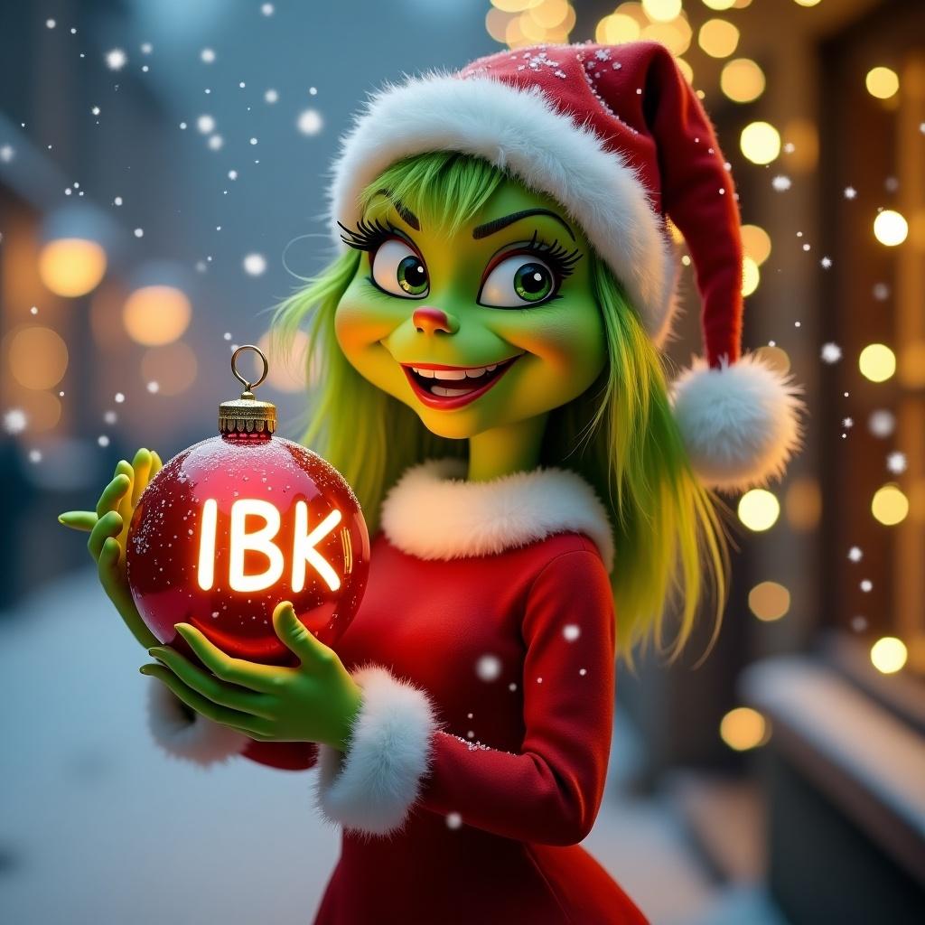 Girl Grinch character in a red Santa outfit holds a Christmas ornament labeled '1BK'. Snow falls in the background adorned with bright Christmas lights. The atmosphere is joyful and festive.