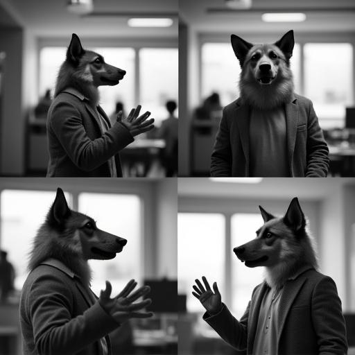Four images show grayscale scenes of a human with a dog head engaging in conversation with gestures in an office environment from multiple angles.