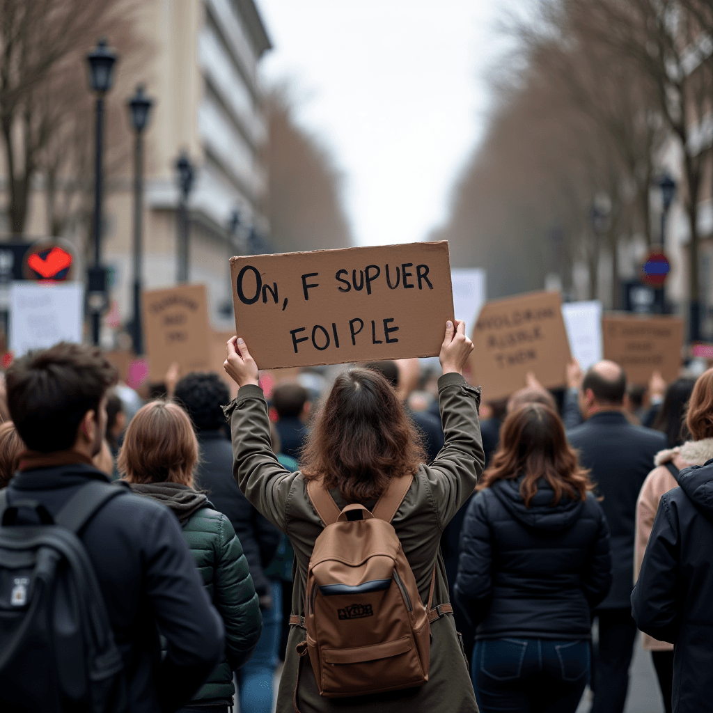 A crowd of people march down a street holding protest signs.