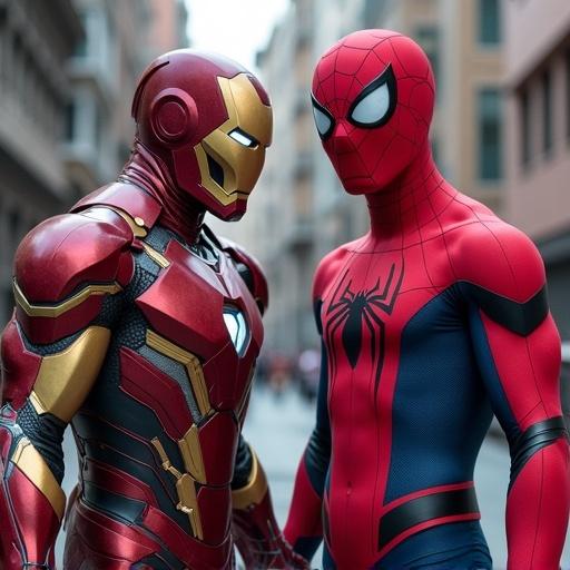 Combo hybrid of Iron Man and Spider-Man. Two superhero figures stand side by side. Iron Man in red and gold armor. Spider-Man in a red and blue suit. Stands in a city setting with urban buildings in background.
