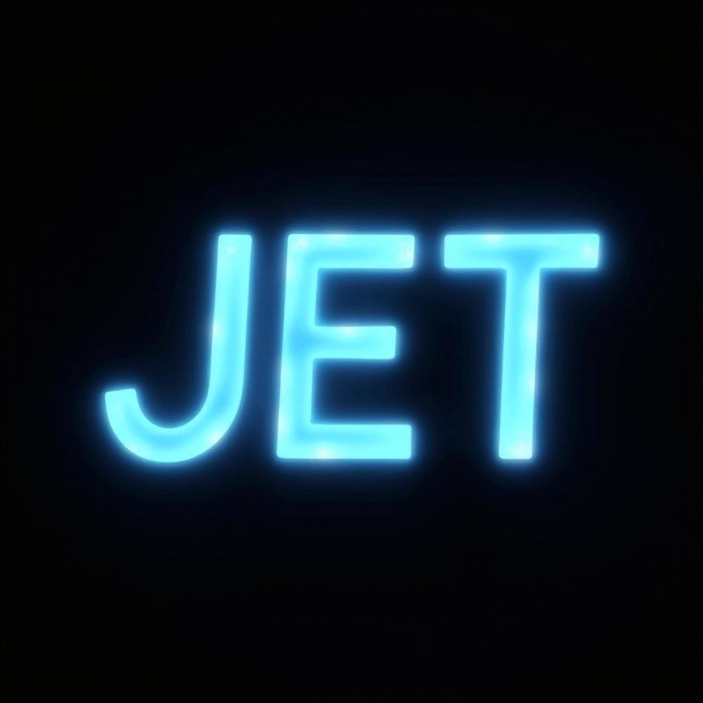 High-resolution image features text 'JET' in bold, futuristic font. Glowing electric blue text highlighted in white on black background. Style is cyberpunk with Japanese cultural influences.