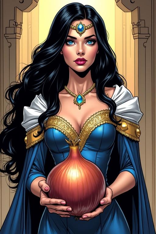 A queen with long dark hair elegantly falls over her shoulders. Radiant blue eyes give a majestic gaze. Wears a magnificent royal gown adorned with sparkling jewels. Holds a large striking onion in her hand. Style inspired by DC Comics with bold colors and dynamic lines emphasizing strength and grace.