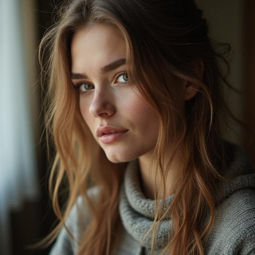A close-up of a realistic portrait of a girl with long hair. She has soft features and is in a natural light setting. The background is muted, focusing on her expression.