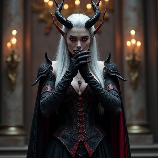 A demon queen appears beautiful and shy in a gothic throne room. She stands slightly hunched and grips her staff. One hand covers her mouth. She shakes slightly and avoids eye contact, but her cheeks are blushing. Her eyes glance sideways as she speaks timidly. She has long silver hair, glowing red eyes, and wears black and crimson armor. The atmosphere is magical with cinematic lighting.