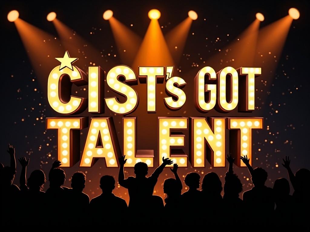 This image prominently features the phrase 'CIST's GOT TALENT' in a bold and modern typographic design. The font resembles that of 'Britain's Got Talent', adding a familiar touch. Notably, the 'O' in 'GOT' is creatively designed as a star shape, enhancing its visual appeal. The background showcases a silhouette of an enthusiastic crowd enjoying the performance, set against a dynamic spotlight scene. The overall color scheme combines glittering black and orange to create an exciting atmosphere.