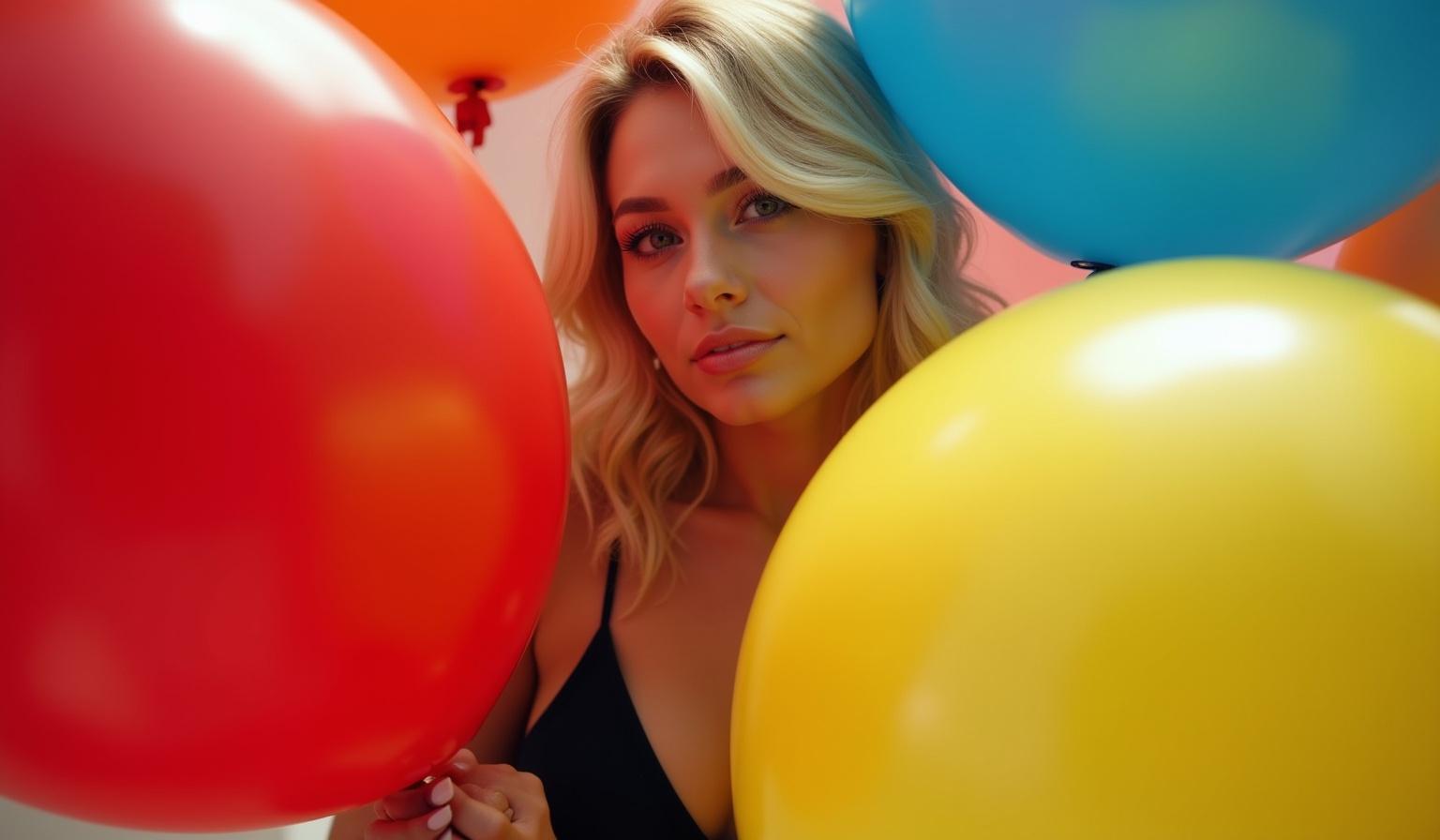 Blonde model wearing a black bikini cuddles oversized balloons. Surrounded by large red, blue, and yellow balloons. High detail and vibrant colors with realistic lighting. Beautiful composition.